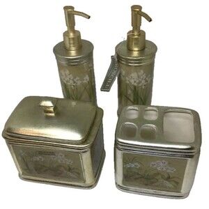 Vtg Croscill Orchids Narcissus Vanity Set Dispenser Toothbrush Jar 4 Bath NEW